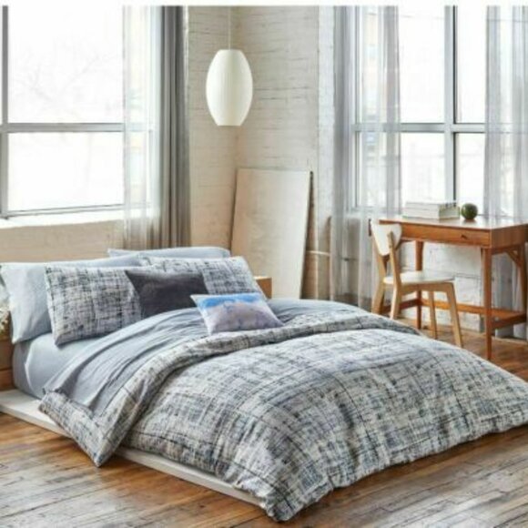 $365 Calvin Klein King Set 3pcs Duvet Cover City plaid-Storm CottonSateen